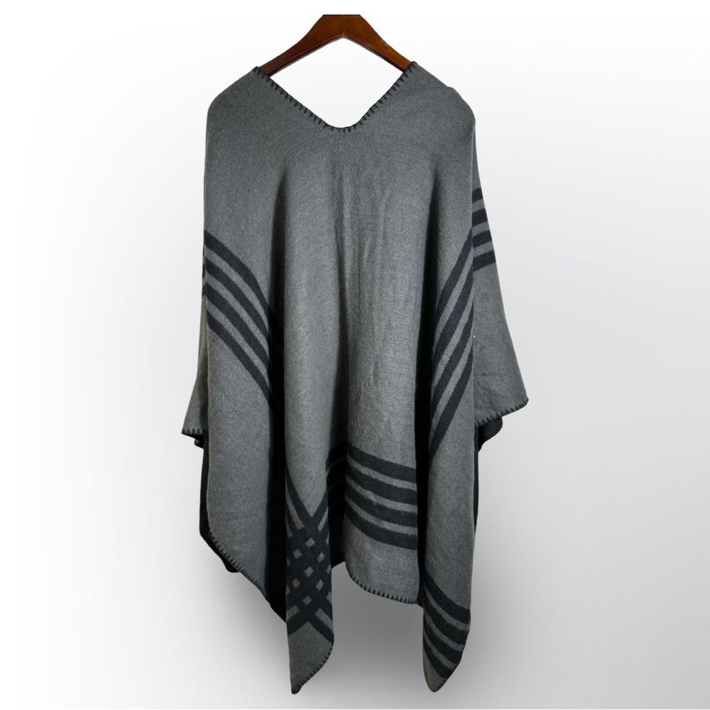 Gray & Black Striped Open Front Poncho Wrap Shawl Blanket Cape - Picture 4 of 4